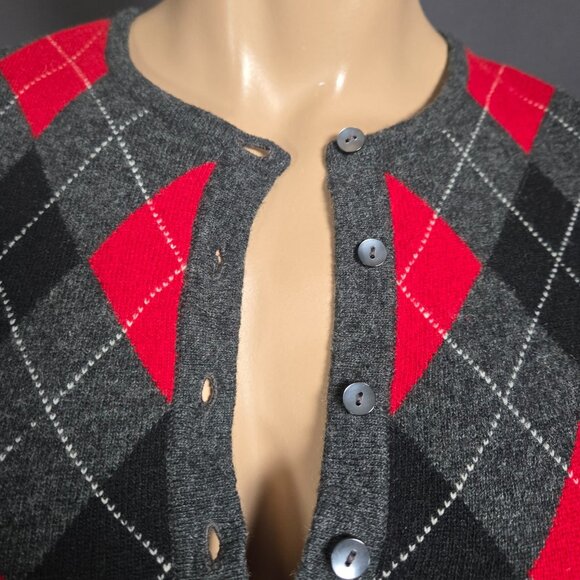 Y2K Argyle Lambs Wool Cardigan Size S Gray Fitted Preppy Academia Emo Punk 2000s - Picture 4 of 9